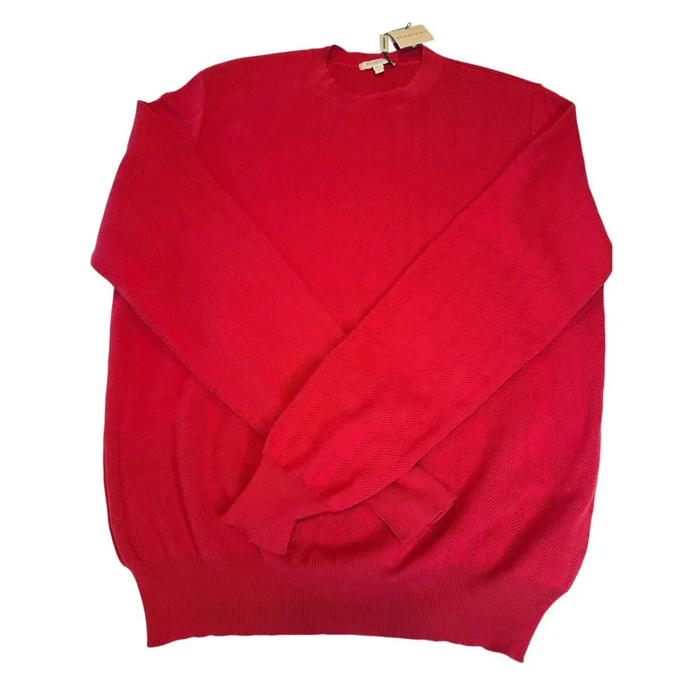Burberry Brit Mens L Red Tonal Jacquard Check Crewneck Pullover Cotton Sweater